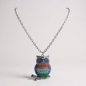 Multi color On Silver Tone Owl Pendant Silver Tone Link Long Necklace
